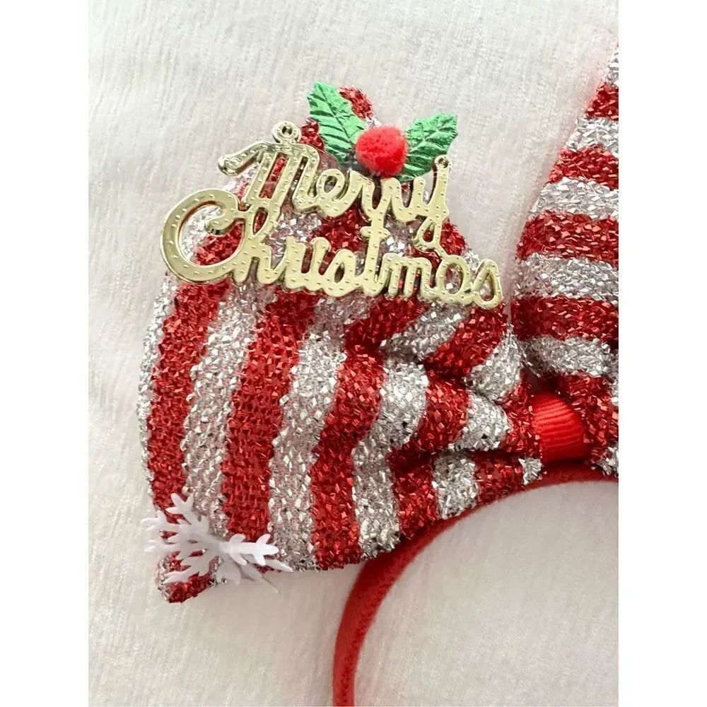 Red and silver, striped, merry Christmas bow headband - Picture 3 of 3